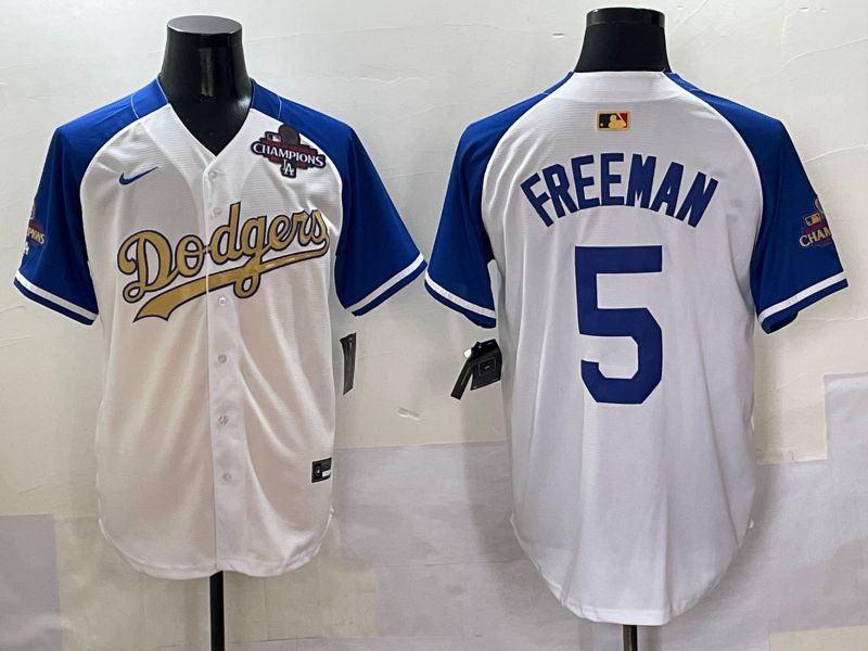 Men Los Angeles Dodgers #5 Freeman White Blue Champion gold character Nike 2025 MLB Jersey style 5055